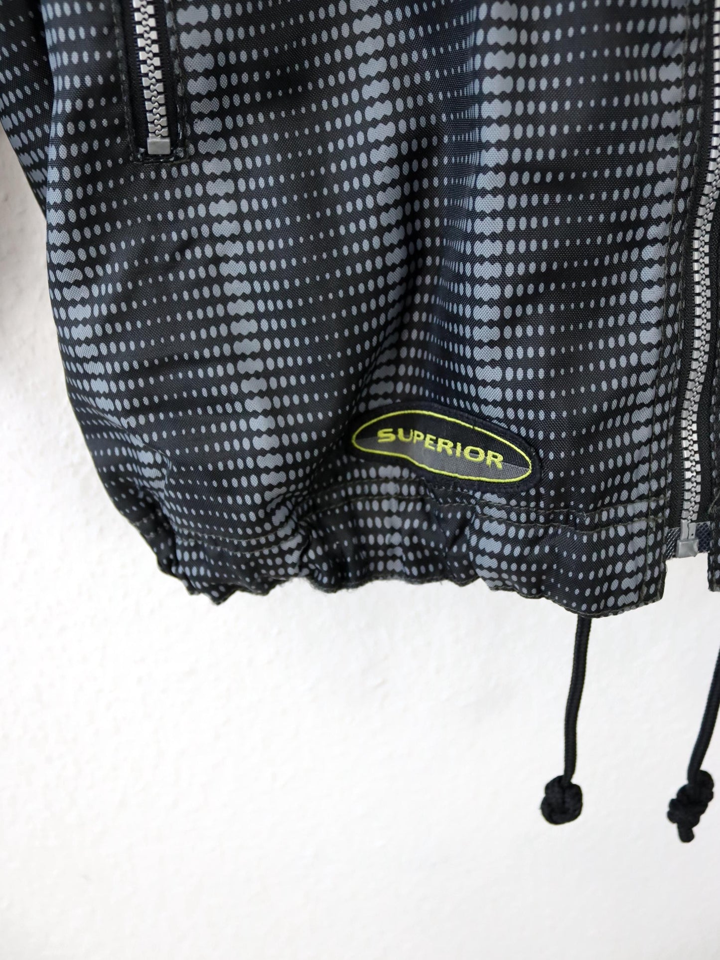 Vintage 80s/90s JOHN F.GEE jacket, fleece lining, crazy pattern, black/grey, stand-up collar, size 36/38