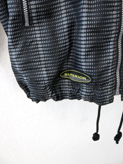 Vintage 80s/90s JOHN F.GEE jacket, fleece lining, crazy pattern, black/grey, stand-up collar, size 36/38