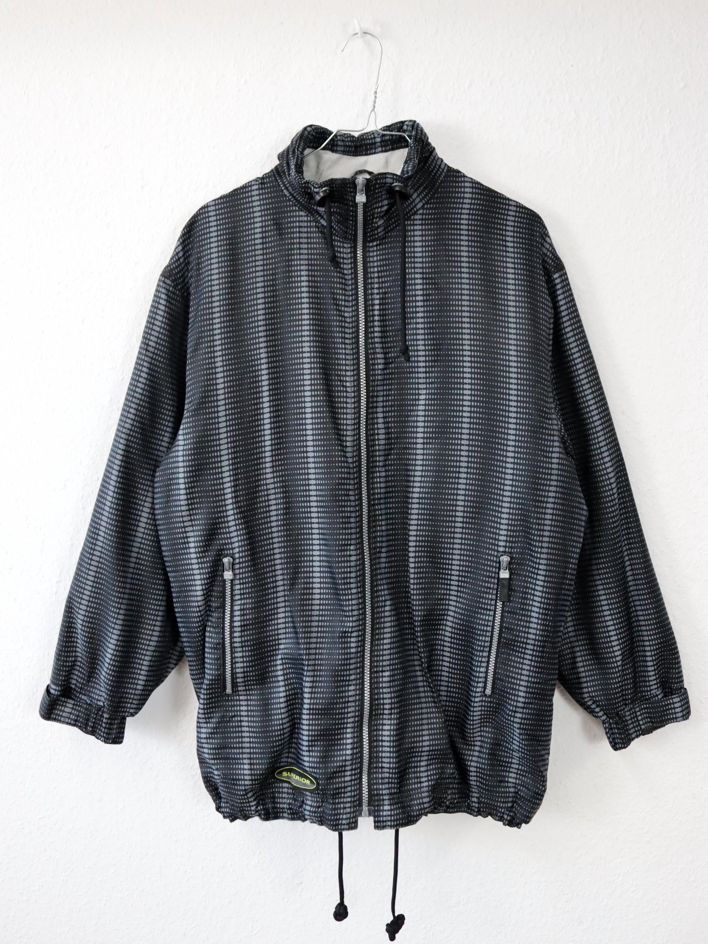 Vintage 80s/90s JOHN F.GEE jacket, fleece lining, crazy pattern, black/grey, stand-up collar, size 36/38