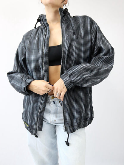 Vintage 80s/90s JOHN F.GEE jacket, fleece lining, crazy pattern, black/grey, stand-up collar, size 36/38