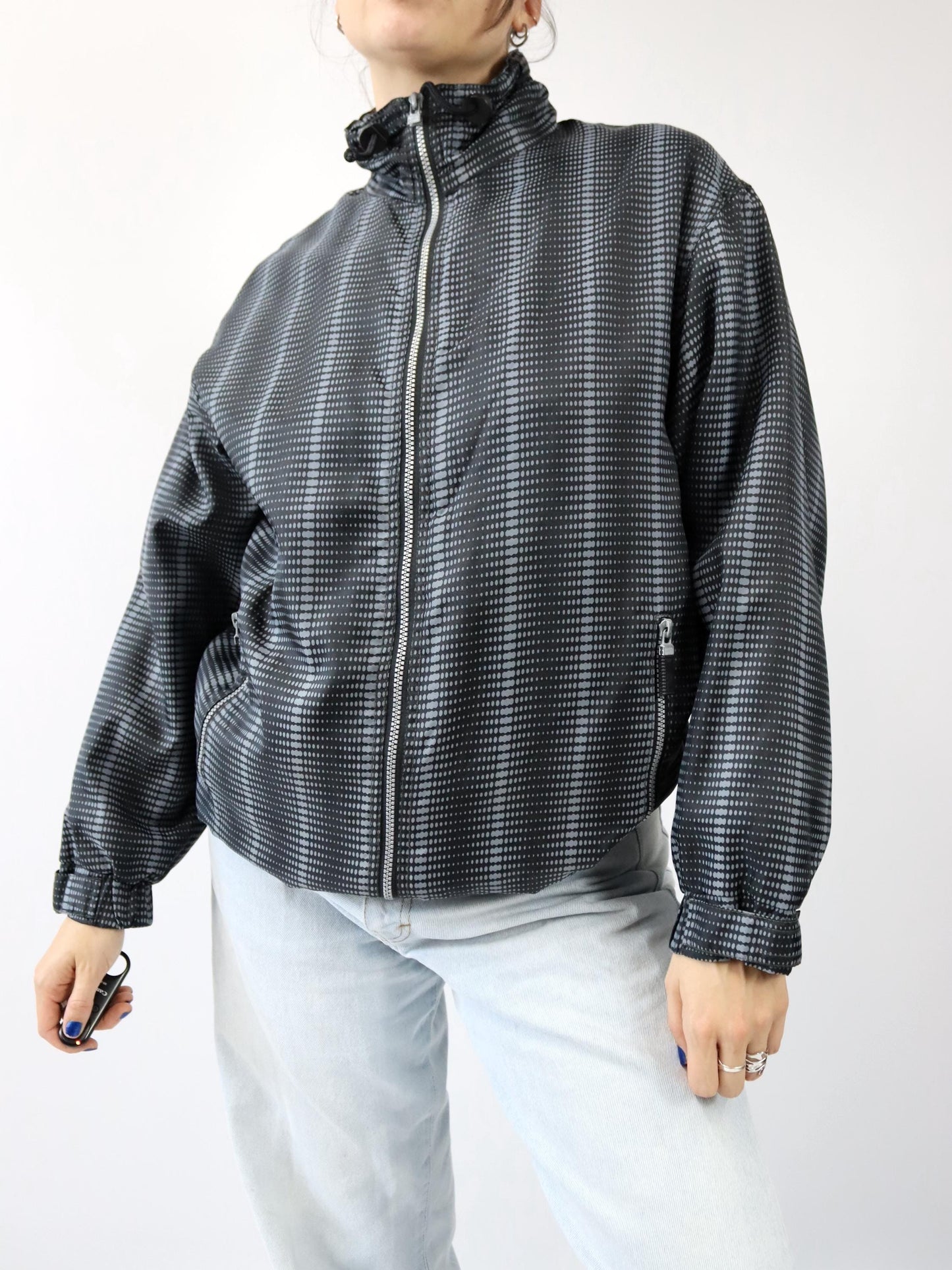 Vintage 80s/90s JOHN F.GEE jacket, fleece lining, crazy pattern, black/grey, stand-up collar, size 36/38