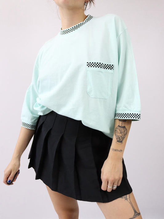 Vintage 80er 90er T-Shirt kurzarm türkis Schachbrettmuster Kragen Deadstock L