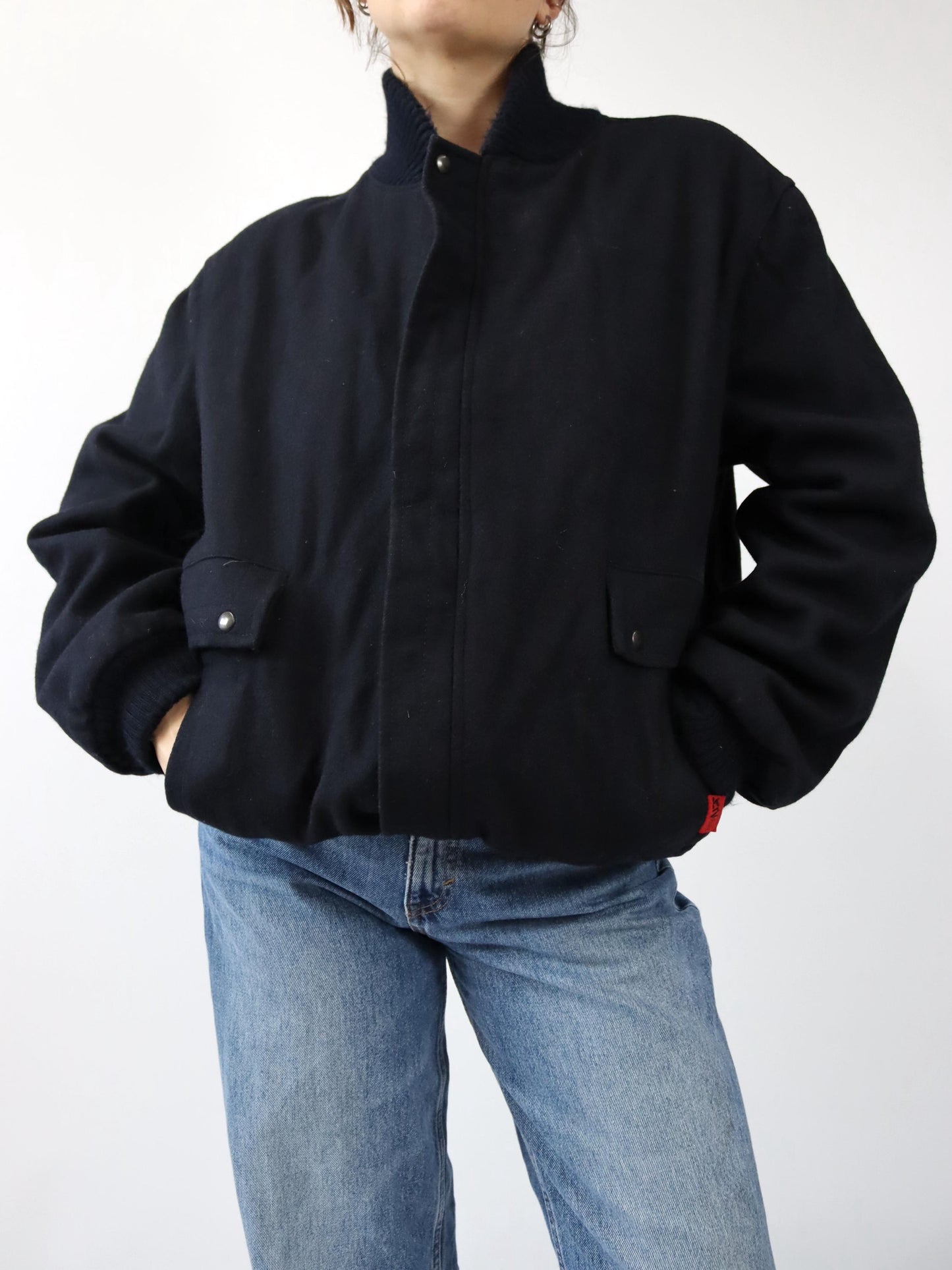 Vintage 70s 80s K2 wool bomber jacket, black/red, size 54 (XL)