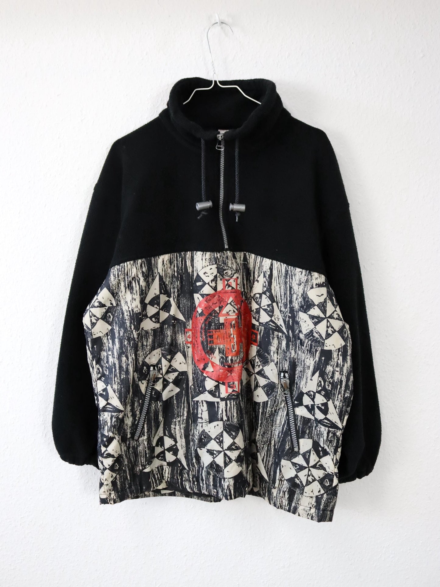Vintage 80s 90s ETIREL fleece pullover, stand-up collar, crazy pattern, size 164 (S)