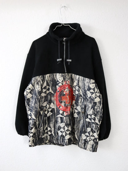 Vintage 80s 90s ETIREL fleece pullover, stand-up collar, crazy pattern, size 164 (S)