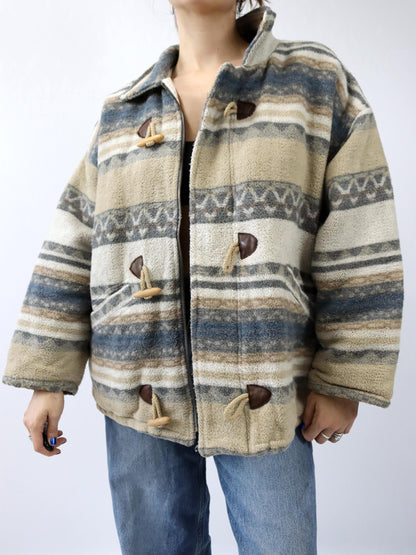 Vintage 80s 90s PRIMA VISIONA wool coat Navajo beige grey brown lightly lined M
