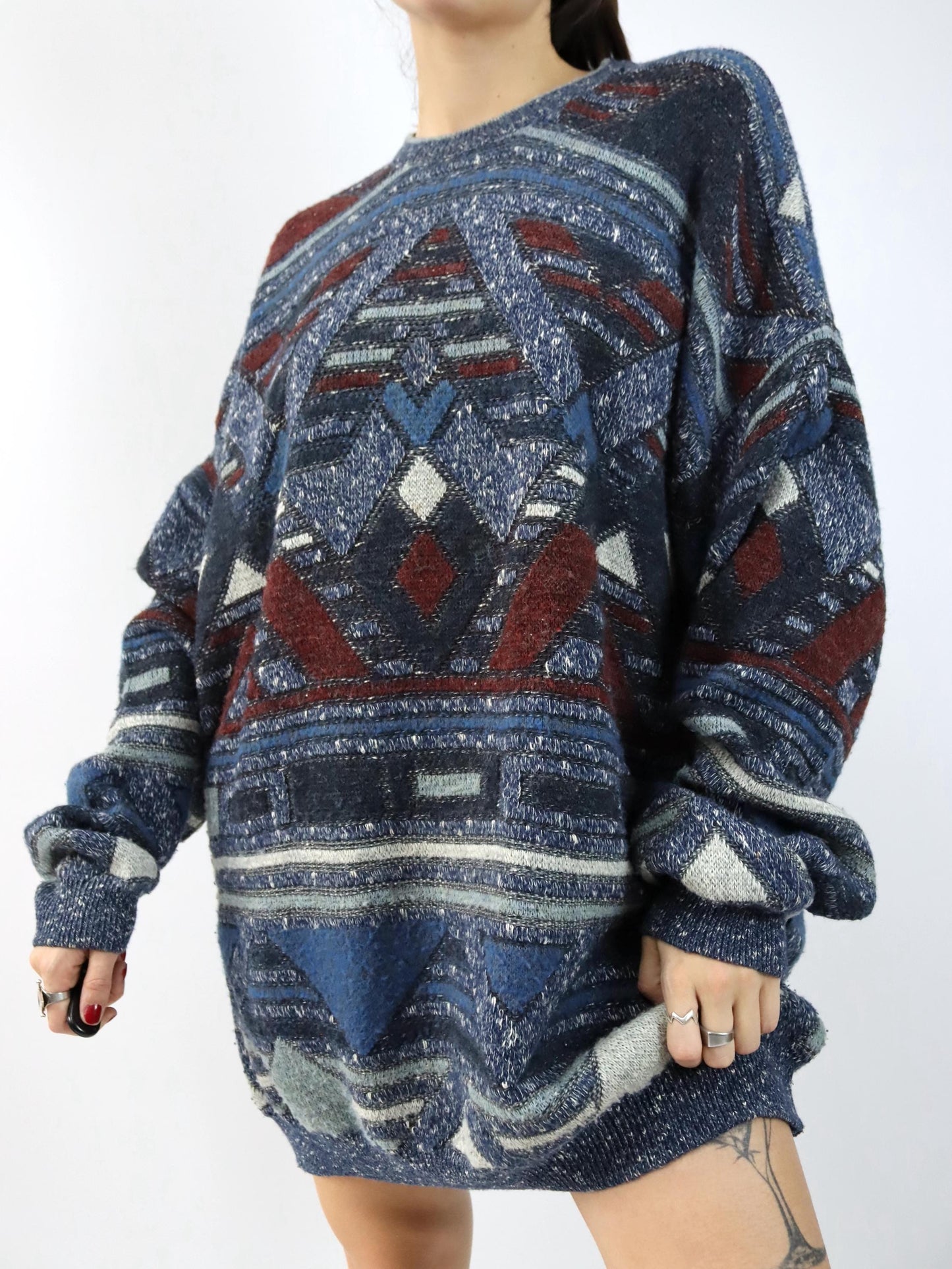 Vintage 80er 90er DEVRED Wollpullover Pulloverkleid gemustert Wolle Strick 3XL