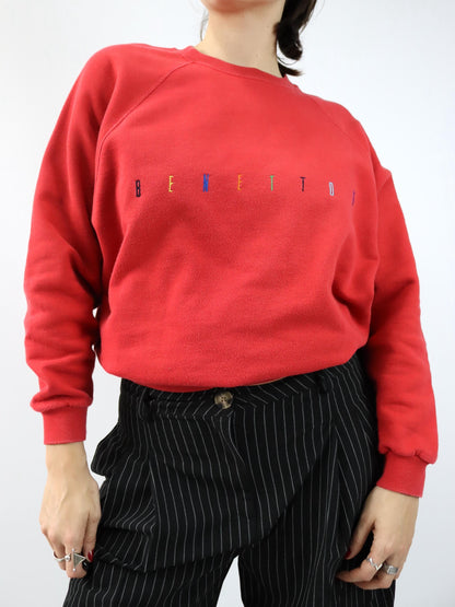 Vintage 80s 90s BENETTON Crewneck Sweatshirt Pullover red multicolored embroidery S