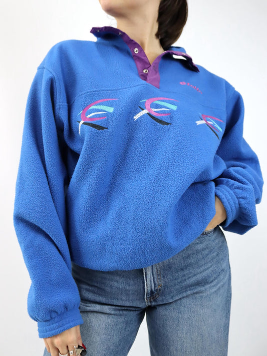 Vintage 80er 90er LOTTO Fleecepullover Stehkragen blau pink Stickerei L