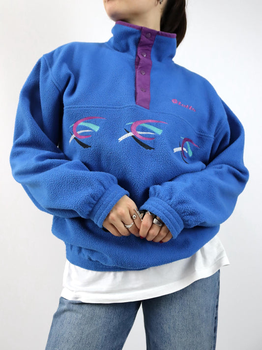 Vintage 80er 90er LOTTO Fleecepullover Stehkragen blau pink Stickerei L