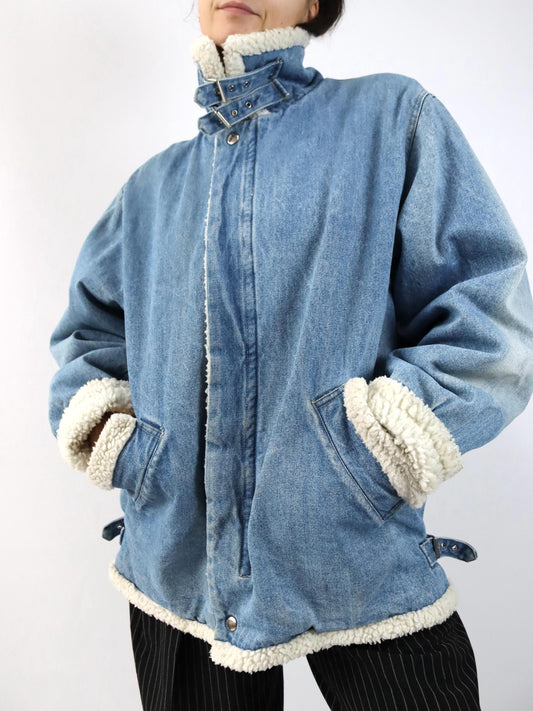 Vintage 80s 90s WASHINGTON POST denim jacket, lined, stand-up collar, light blue, M