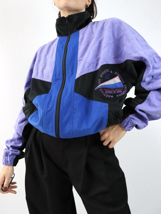 Vintage 80s 90s tracksuit jacket, stand-up collar, velvet, purple, black, blue, L