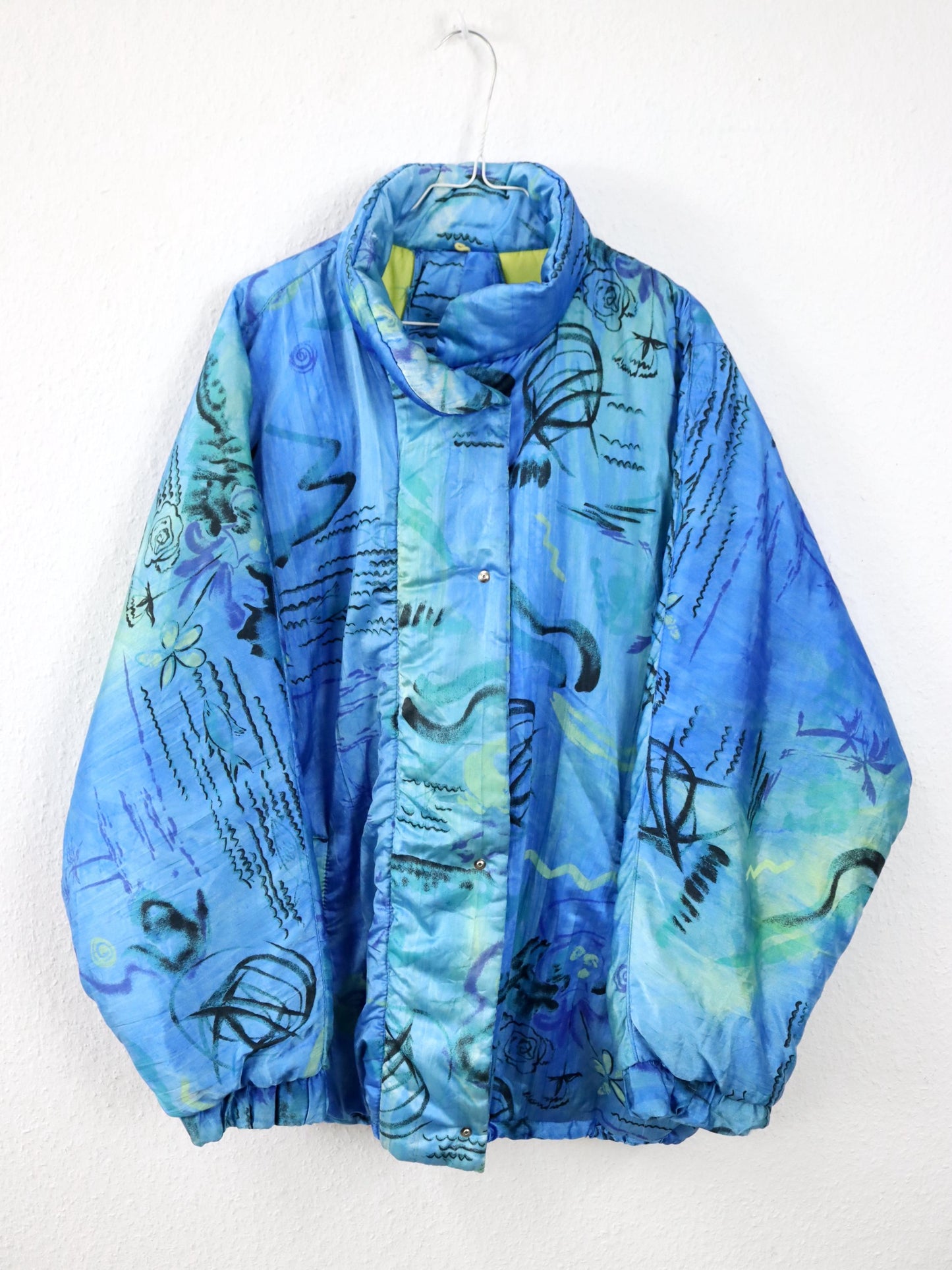 Vintage 80s/90s BRUGI winter jacket, lined, crazy pattern, blue, size 44