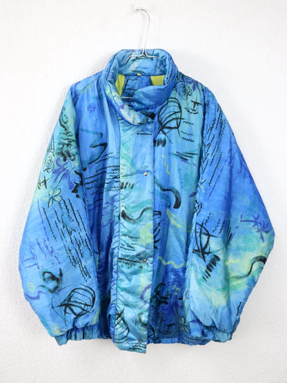 Vintage 80s/90s BRUGI winter jacket, lined, crazy pattern, blue, size 44