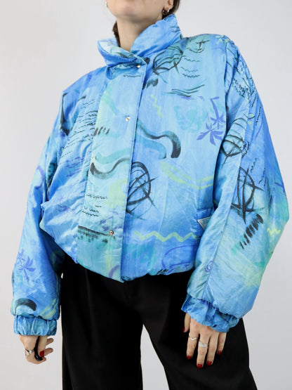 Vintage 80s/90s BRUGI winter jacket, lined, crazy pattern, blue, size 44