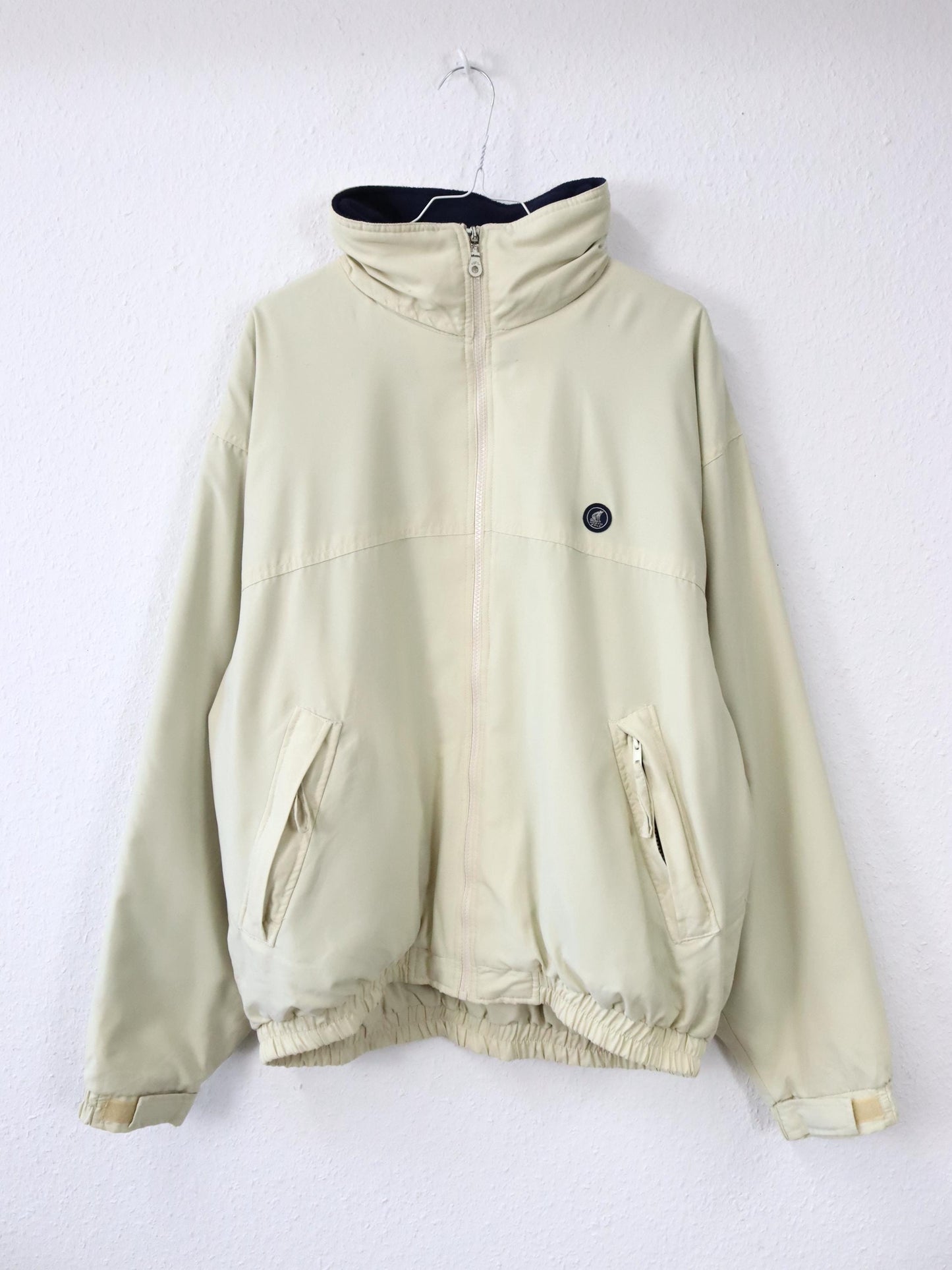 Vintage 80s/90s NORTHPOLE jacket, stand-up collar, fleece lining, yellow/blue, size L