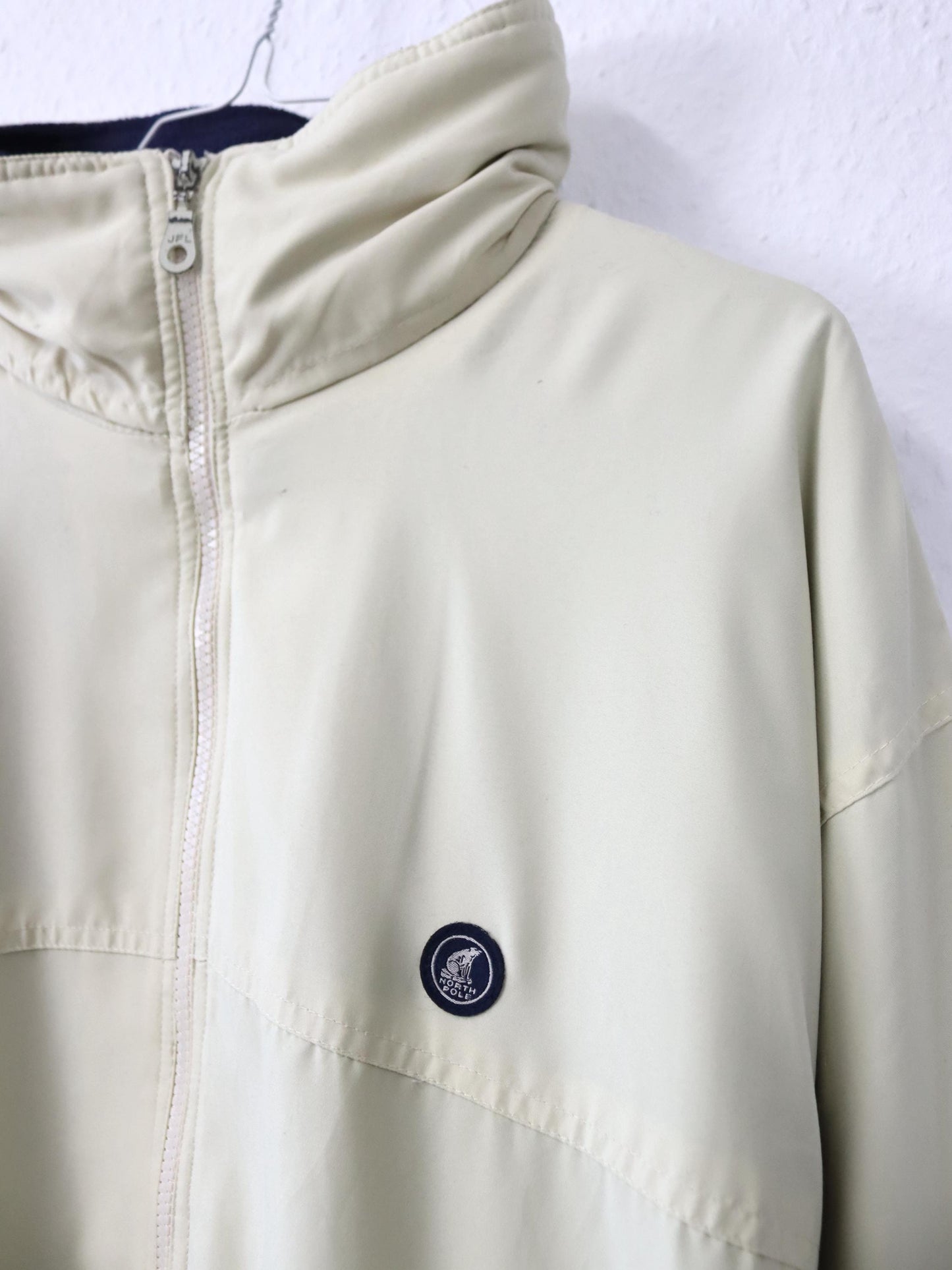 Vintage 80s/90s NORTHPOLE jacket, stand-up collar, fleece lining, yellow/blue, size L