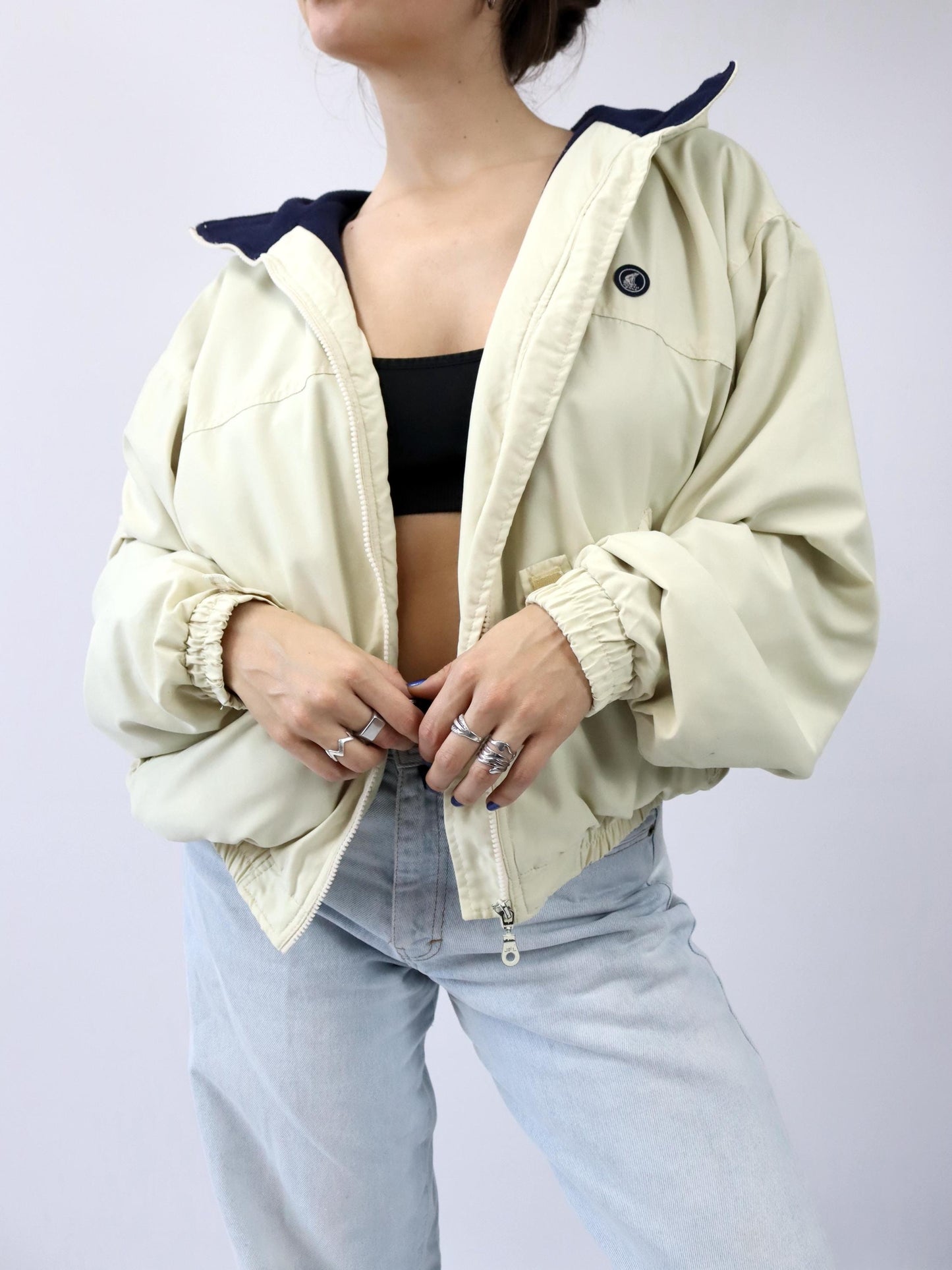 Vintage 80s/90s NORTHPOLE jacket, stand-up collar, fleece lining, yellow/blue, size L