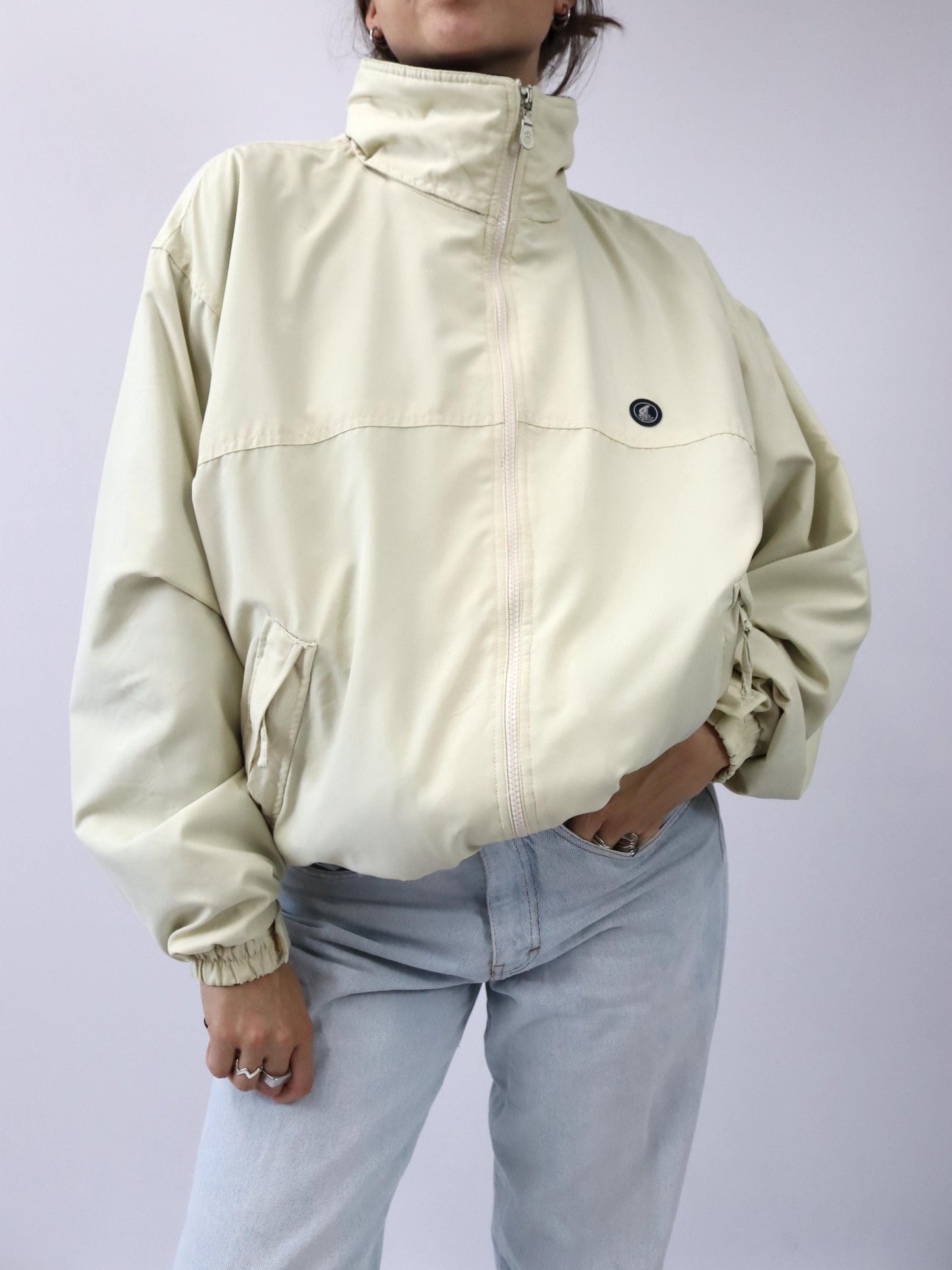 Vintage 80s/90s NORTHPOLE jacket, stand-up collar, fleece lining, yellow/blue, size L