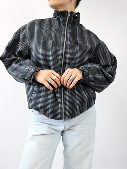 Vintage 80s/90s JOHN F.GEE jacket, fleece lining, crazy pattern, black/grey, stand-up collar, size 36/38