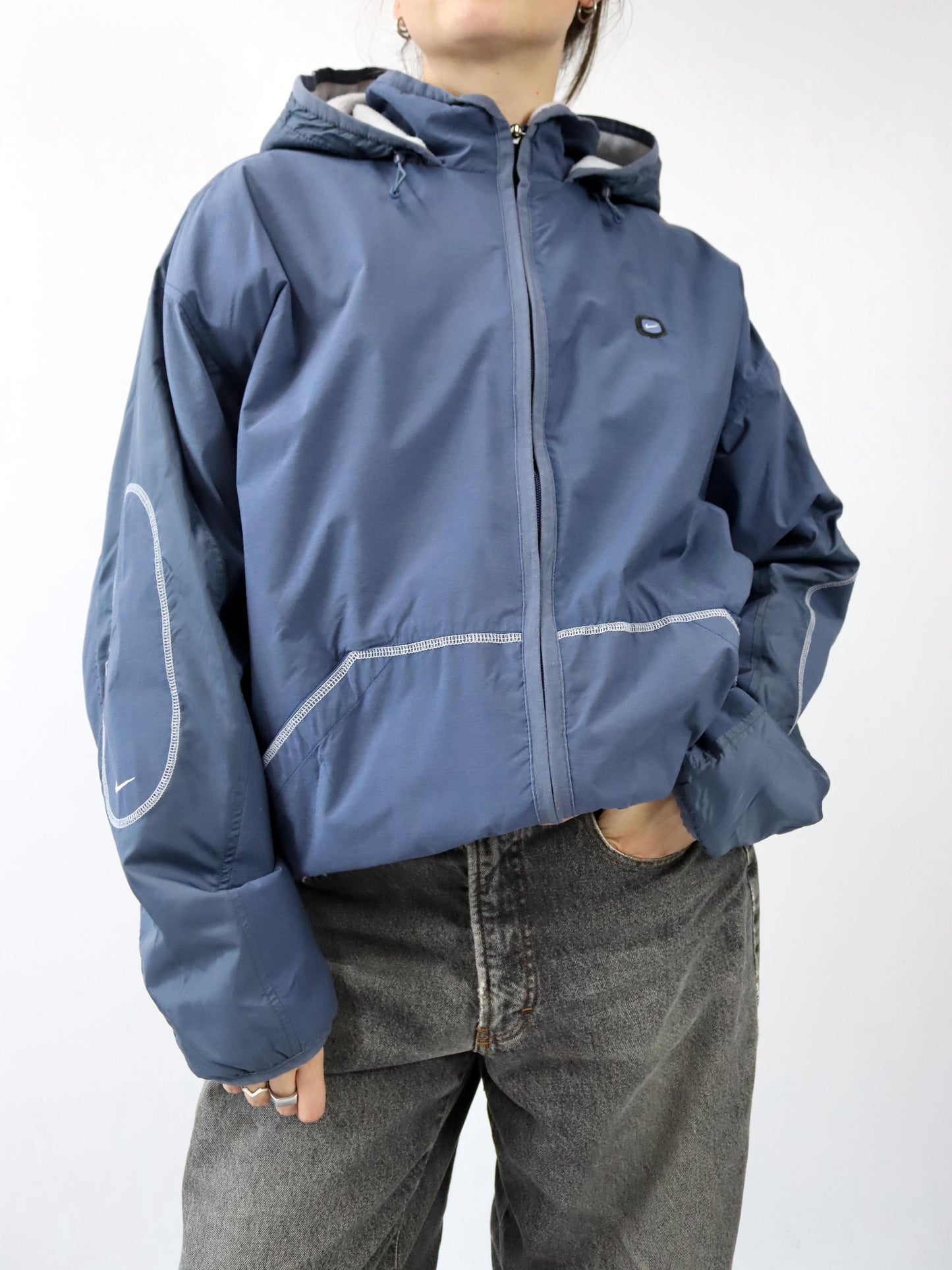 Vintage 90s 00s Y2k NIKE jacket with fleece lining and hood, blue, size L