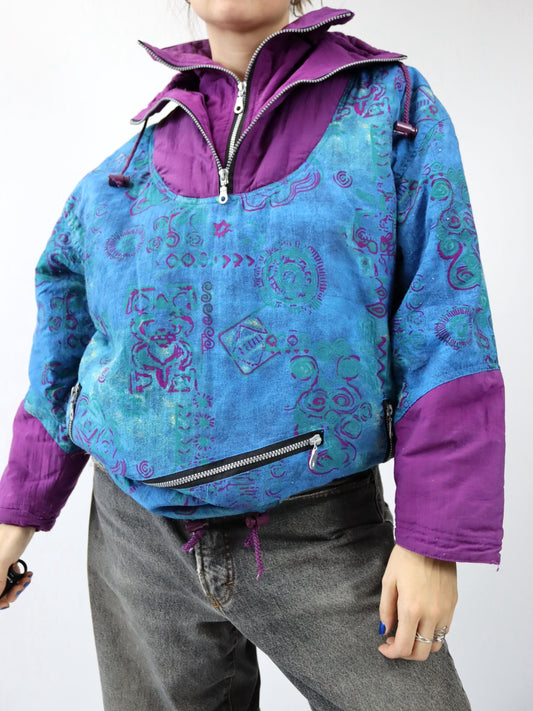 Vintage 80s 90s DINOTTI winter jacket, overcoat, crazy pattern, lined, stand-up collar, M