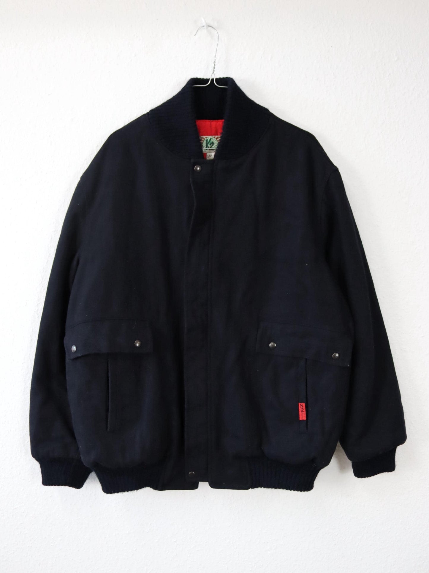 Vintage 70s 80s K2 wool bomber jacket, black/red, size 54 (XL)