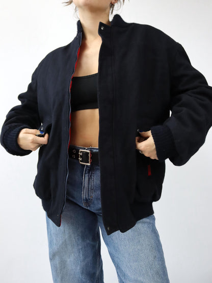 Vintage 70s 80s K2 wool bomber jacket, black/red, size 54 (XL)