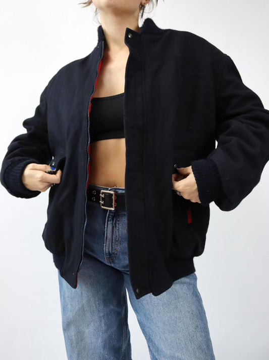 Vintage 70s 80s K2 wool bomber jacket, black/red, size 54 (XL)