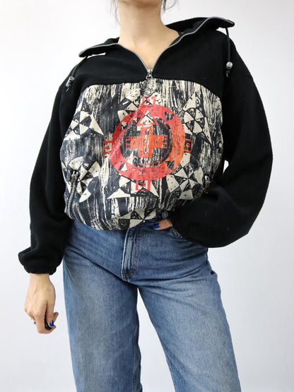 Vintage 80s 90s ETIREL fleece pullover, stand-up collar, crazy pattern, size 164 (S)
