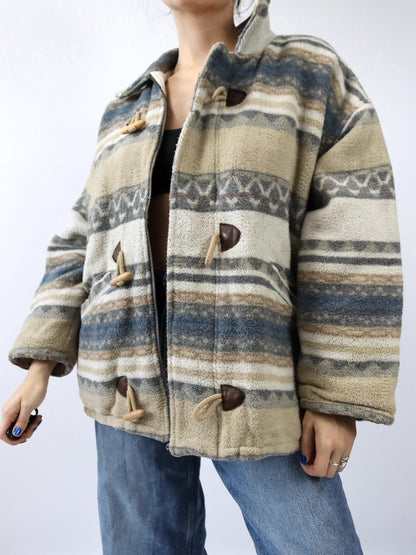 Vintage 80s 90s PRIMA VISIONA wool coat Navajo beige grey brown lightly lined M
