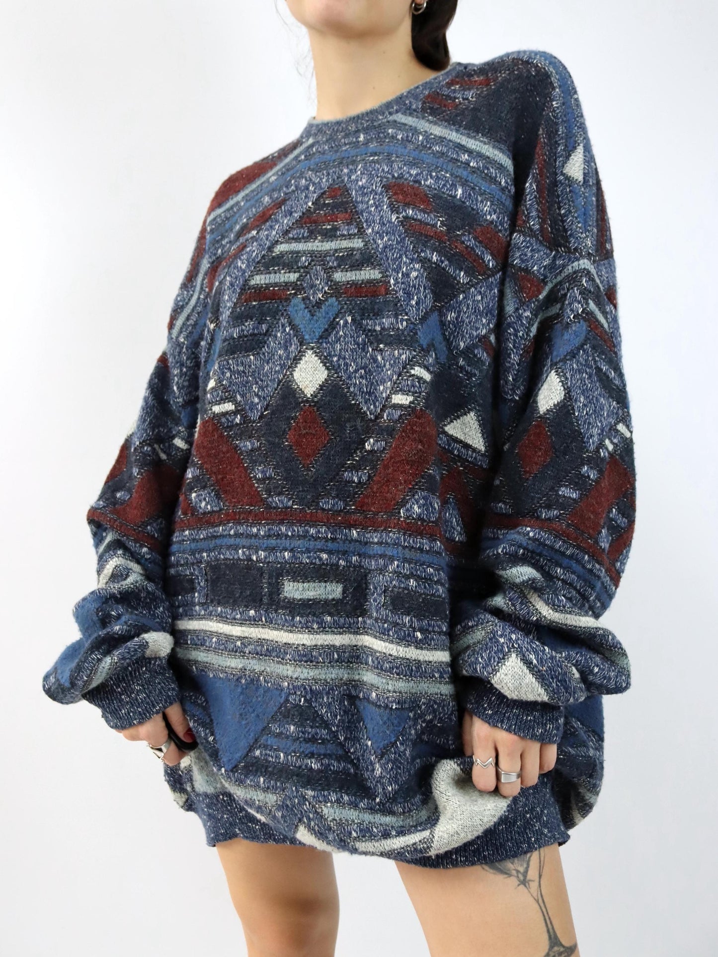 Vintage 80er 90er DEVRED Wollpullover Pulloverkleid gemustert Wolle Strick 3XL