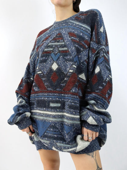 Vintage 80er 90er DEVRED Wollpullover Pulloverkleid gemustert Wolle Strick 3XL