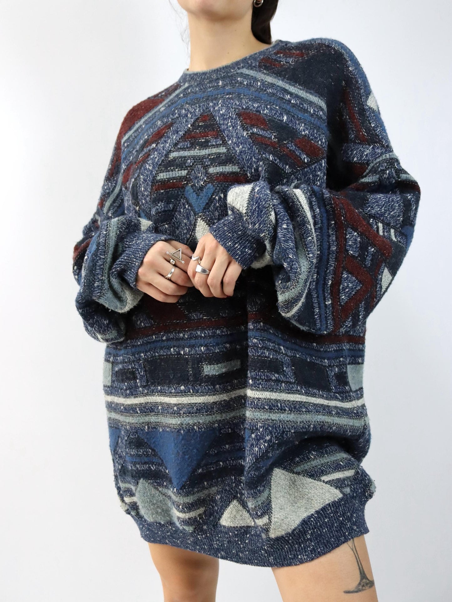 Vintage 80er 90er DEVRED Wollpullover Pulloverkleid gemustert Wolle Strick 3XL