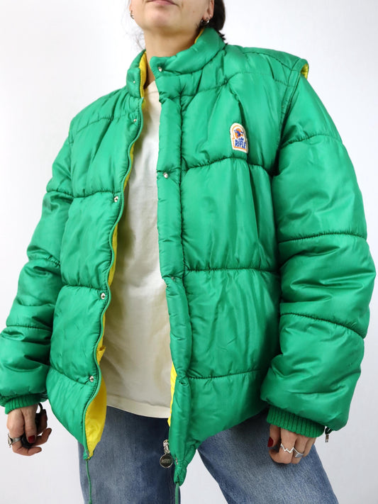 Vintage 80s 90s Rifle Puffer Jacket Winter Jacket Vest Green Yellow Lined XXL