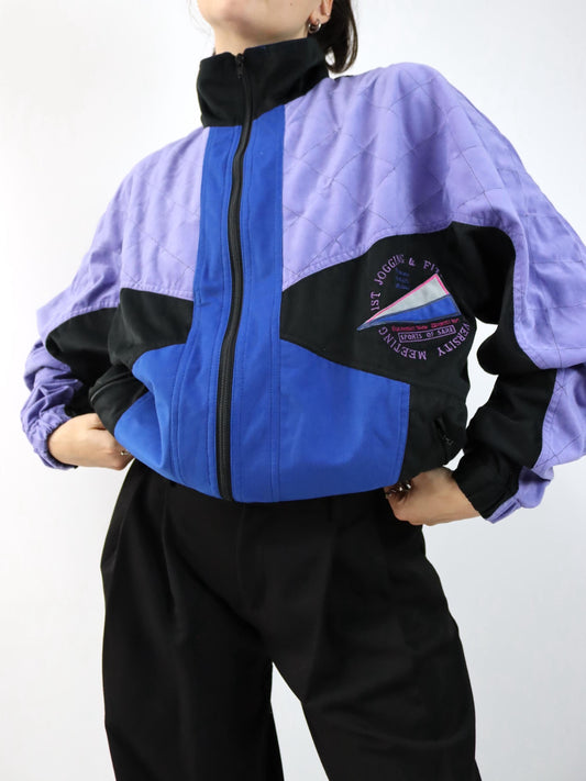 Vintage 80s 90s tracksuit jacket, stand-up collar, velvet, purple, black, blue, L