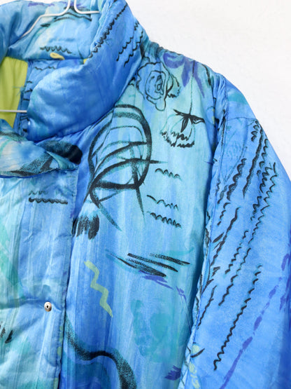 Vintage 80s/90s BRUGI winter jacket, lined, crazy pattern, blue, size 44