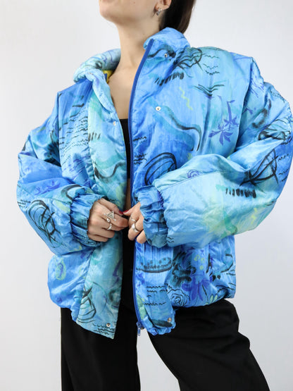 Vintage 80s/90s BRUGI winter jacket, lined, crazy pattern, blue, size 44
