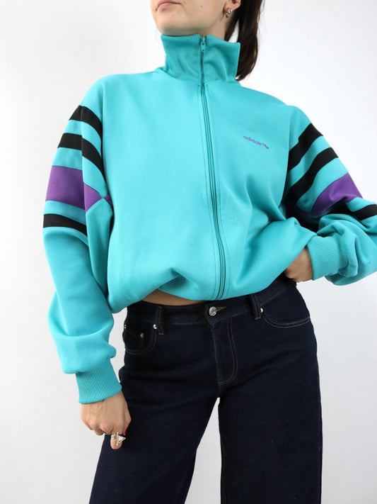 Vintage 80s 90s ADIDAS track jacket, stand-up collar, turquoise, purple, black, D7 L