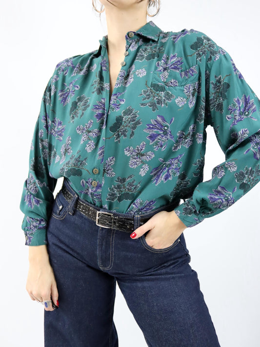 Vintage 80er 90er Bluse langarm gemustert lila grün S