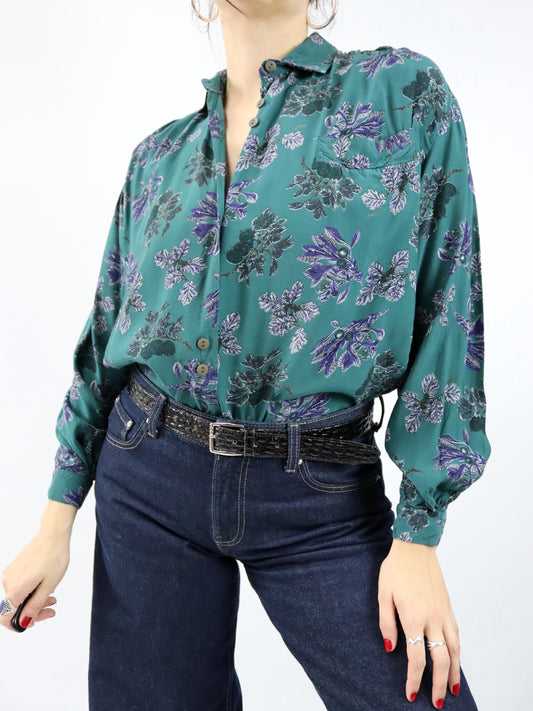 Vintage 80er 90er Bluse langarm gemustert lila grün S