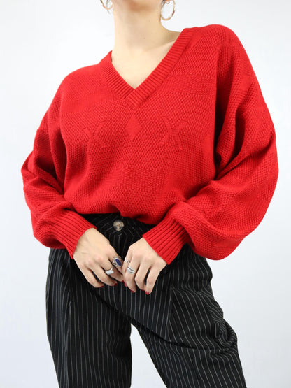 Vintage 80s 90s CON LIVELLO Wool Sweater Pullover V-Neck Virgin Wool Red M