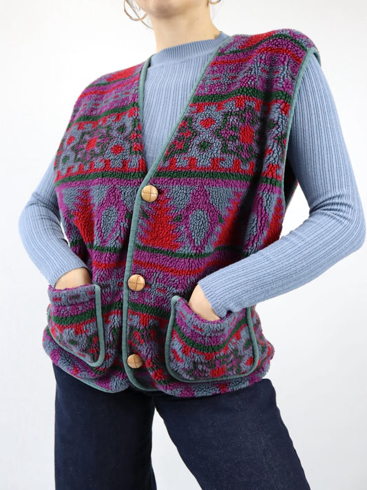 Vintage 80er 90er HOT SPORTWEAR Fleeceweste Weste bunt gemustert M