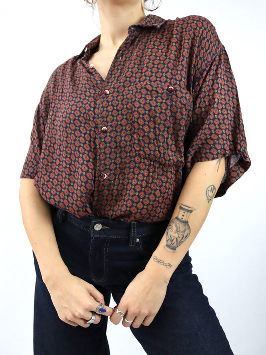 Vintage 80er 90er MONDIAL SHIRT Hemd kurzarm crazy pattern rot dunkelblau XL