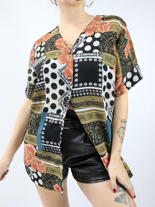 Vintage 80er 90er Bluse kurzarm leicht transparent crazy pattern L