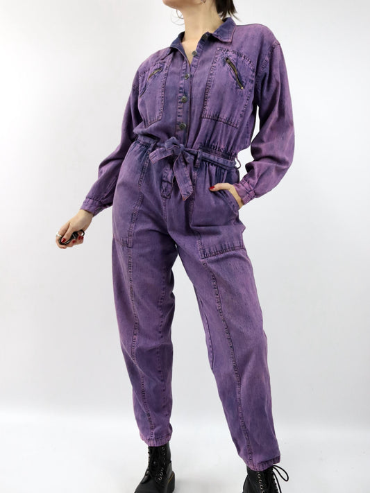 Vintage 80er 90er Overall Einteiler Denim Lila Gürtel stonewashed 38/40