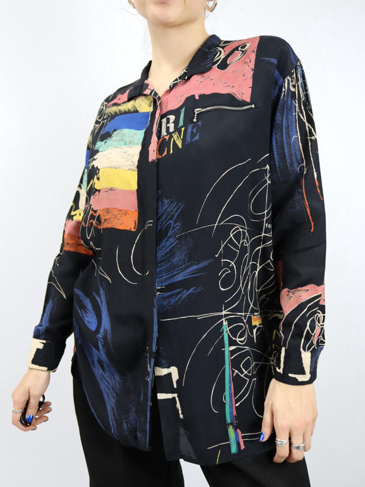 Vintage 80er 90er TRU BLOUSE Bluse langarm Viskose crazy pattern schwarz bunt 40