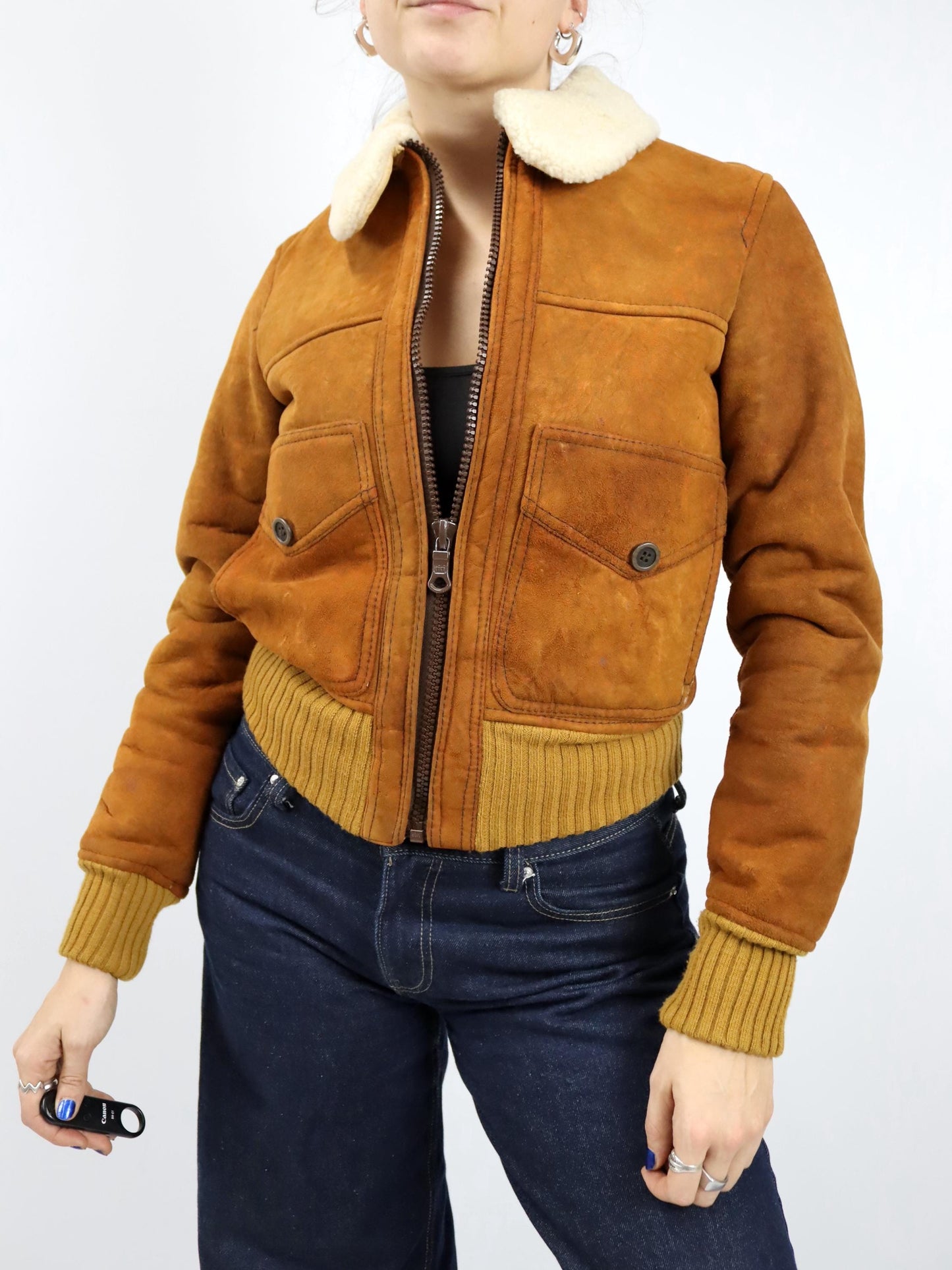Vintage 70s 80s Suede Leather Jacket Sherling brown lined XS/S