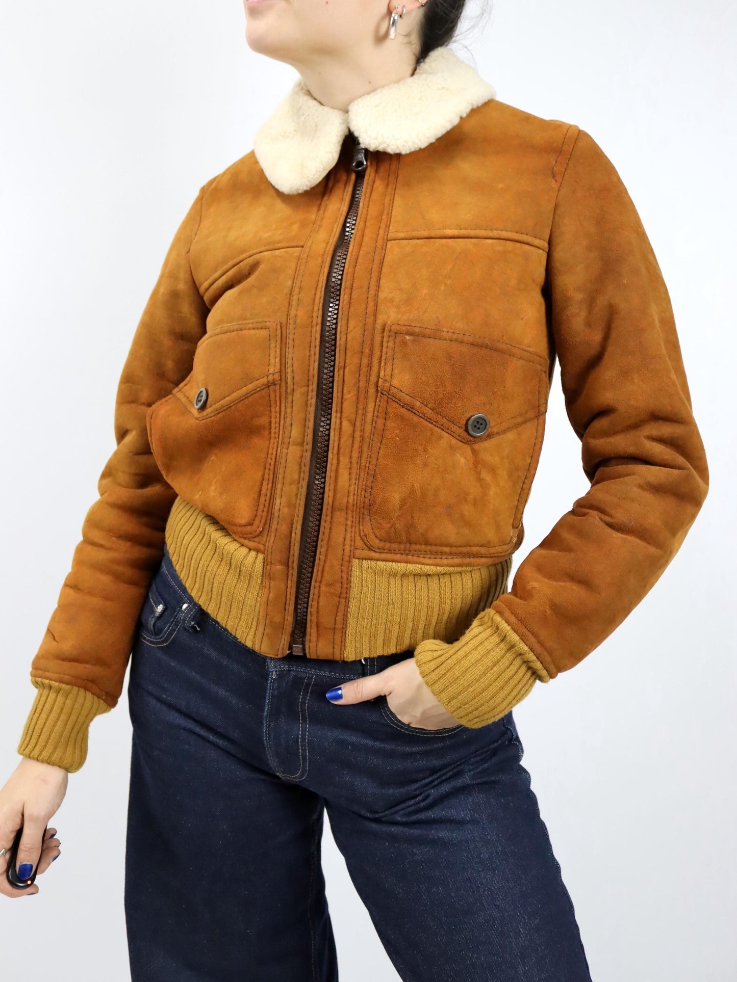 Vintage 70s 80s Suede Leather Jacket Sherling brown lined XS/S