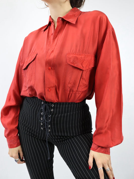 Vintage 80er 90er BRUGI Seidenhemd Hemd langarm Seide rot L